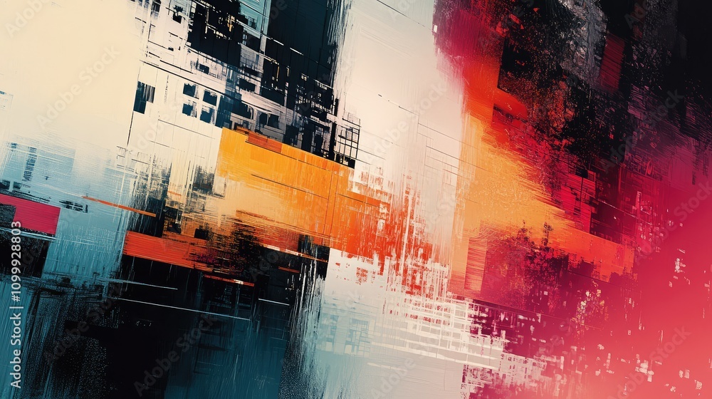 Poster abstract artwork with pixelated data grids mixed with organic brush strokes and layered textures