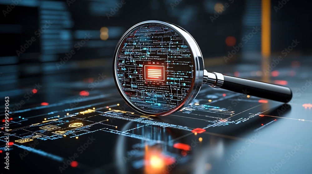 Aufkleber 3D Magnifying Glass Revealing Hidden Digital Nodes in a Network Symbolizing the Search Engine s Capability to Uncover Obscure Data and Connections