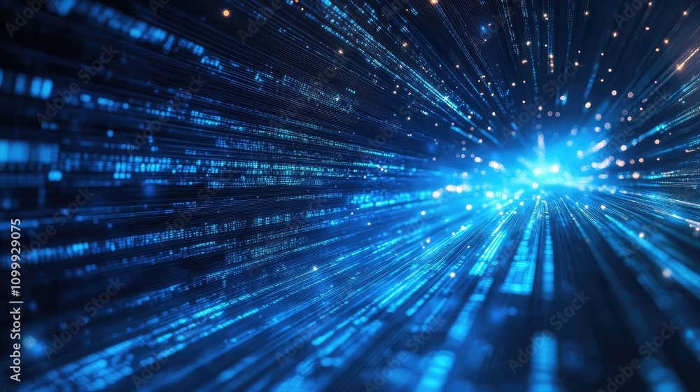 Poster abstract blue pulse wave flowing across a dark background, with soft light trails resembling data fl