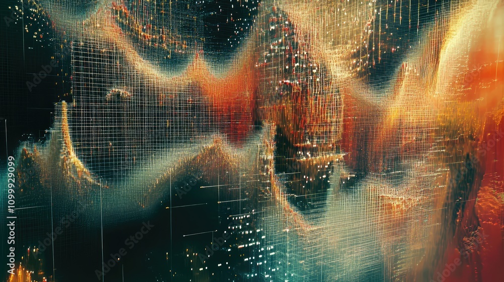 Poster abstract artwork with pixelated data grids mixed with organic brush strokes and layered textures