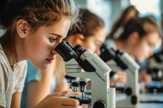 Group of college students performing experiment using microscope in science lab. University focused student looking through microscope in biology class. High school girl examine samples during lecture