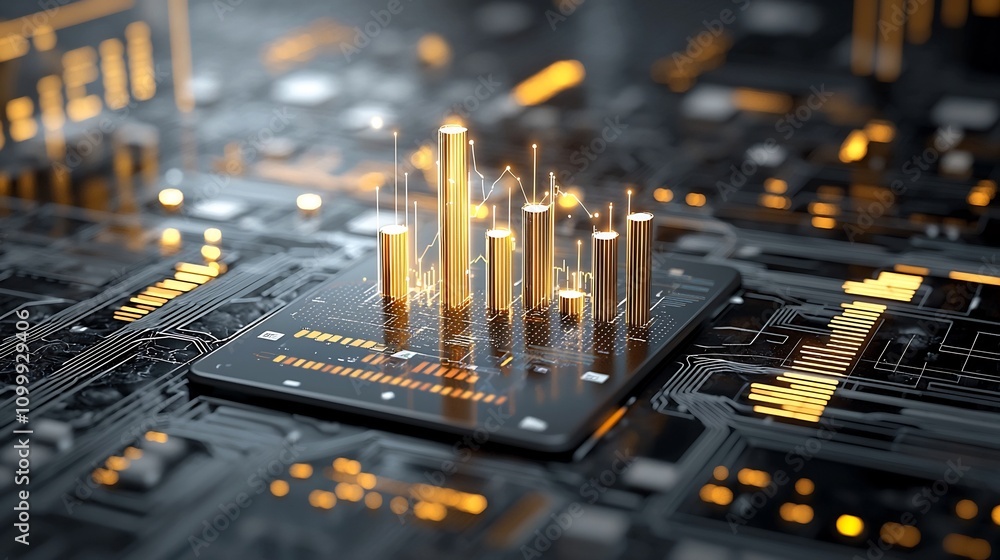 Poster Sophisticated 3D data visualization with dynamic glowing stacked bar charts and scatter plot on a sleek metallic background representing advanced analytics and precise information display