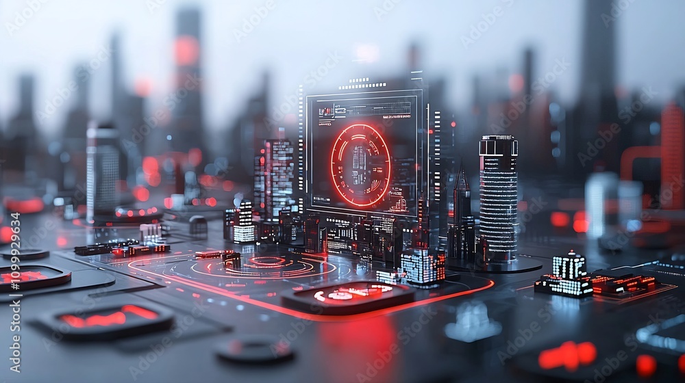Poster futuristic cityscape with holographic charts displaying economic policy metrics showcasing the conce
