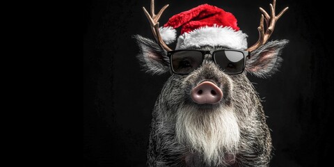 Merry Christmas xmas concept holiday vacation winter funny animal pet greeting card - Cool wild boar with sunglasses and santa hat, isolated on black background