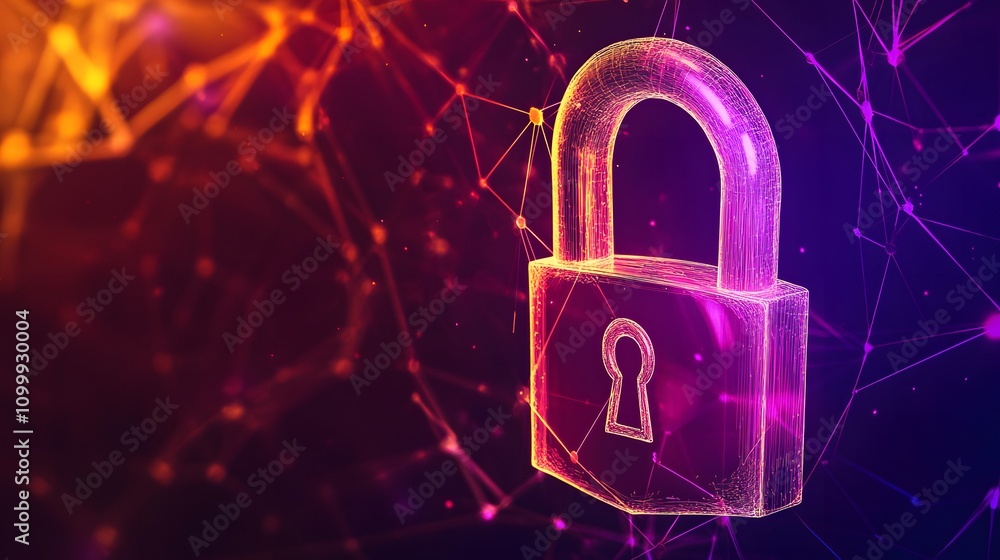Aufkleber digital lock symbolizing cybersecurity in a vivid, futuristic network.