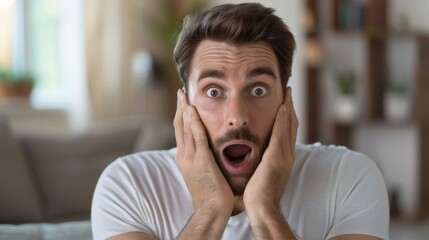 Surprised man expresses shock while sitting at home during daylight, showcasing astonishment and disbelief in everyday life