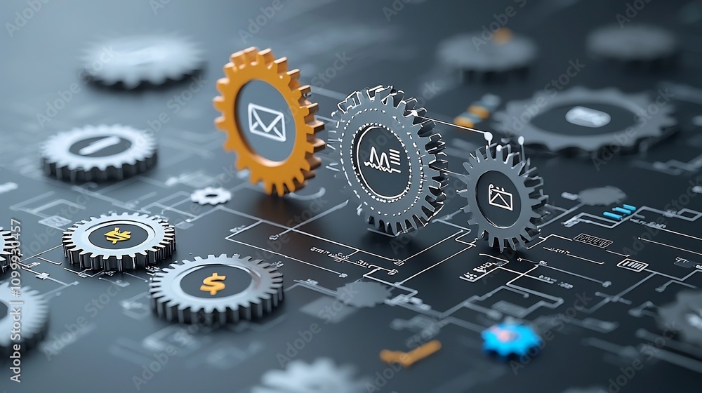 Poster Macro view of interconnected gears labeled with economic terms showcasing the complex policy mechanisms and regulation governing the financial and industrial sectors