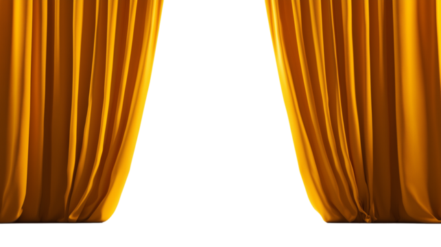 Open yellow stage curtain isolated on transparent background with copy space for text or design