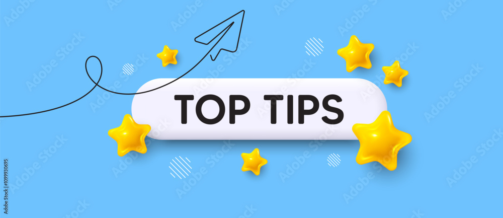 Poster top tips message in search bar 3d template. top tips search button. 3d stars with continuous line pa