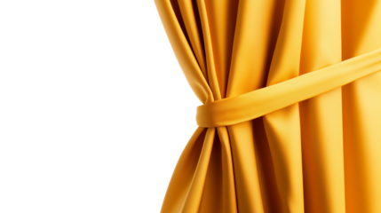 Open yellow tied stage curtain isolated on transparent background with copy space for text or design