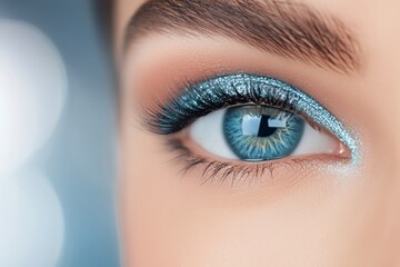 Obraz premium A woman displays her eye with striking turquoise eyeshadow that enhances her natural features