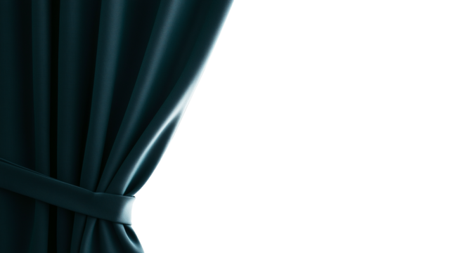 Open dark green tied stage curtain isolated on transparent background with copy space for text or design