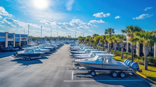 Many Boats Parked In A Dealerships Lot