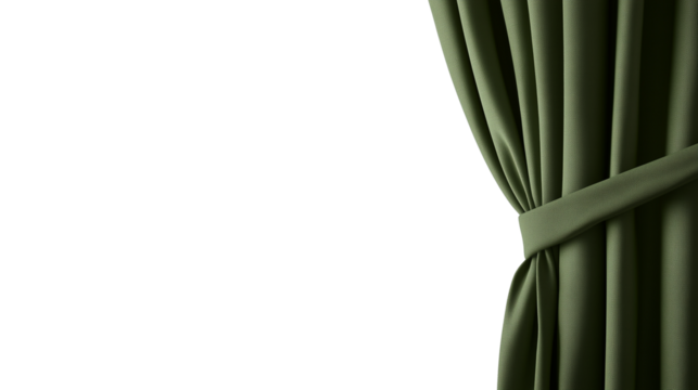 Open olive green tied stage curtain isolated on transparent background with copy space for text or design - Powered by Adobe