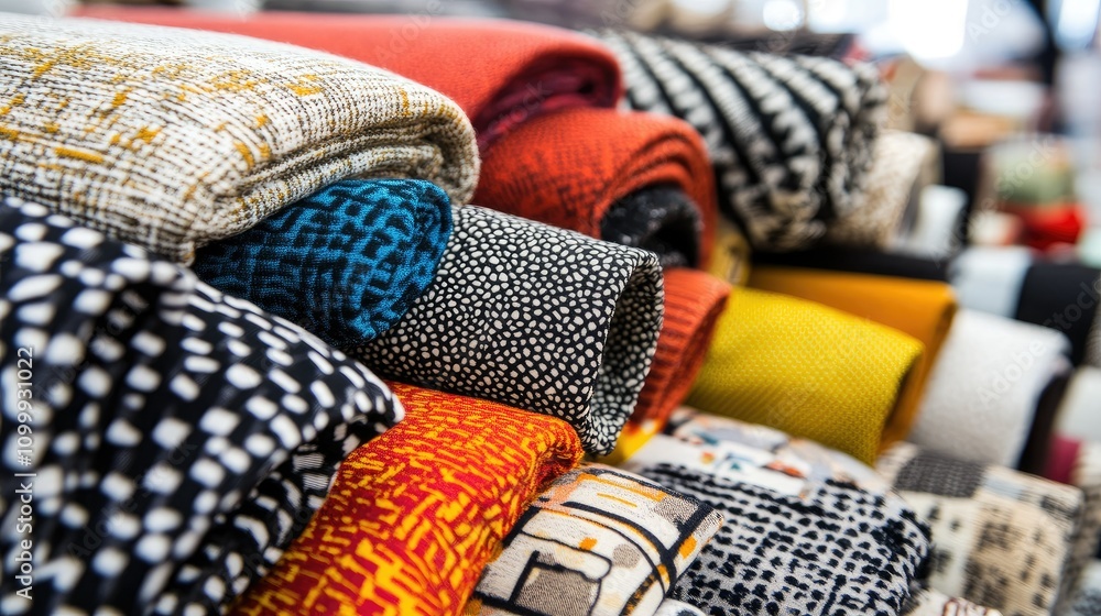 Poster colorful fabric textiles stacked neatly in a craft store display
