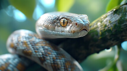 Fototapeta premium A snake coiled around a branch, scales glinting in the light