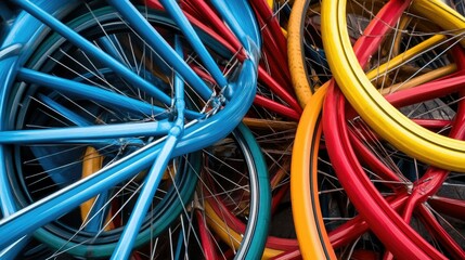 Colorful Bicycle Wheels Stacked Together in a Creative Arrangement