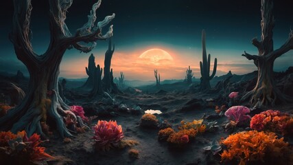 Landscape of an extraterrestrial world with alien organics