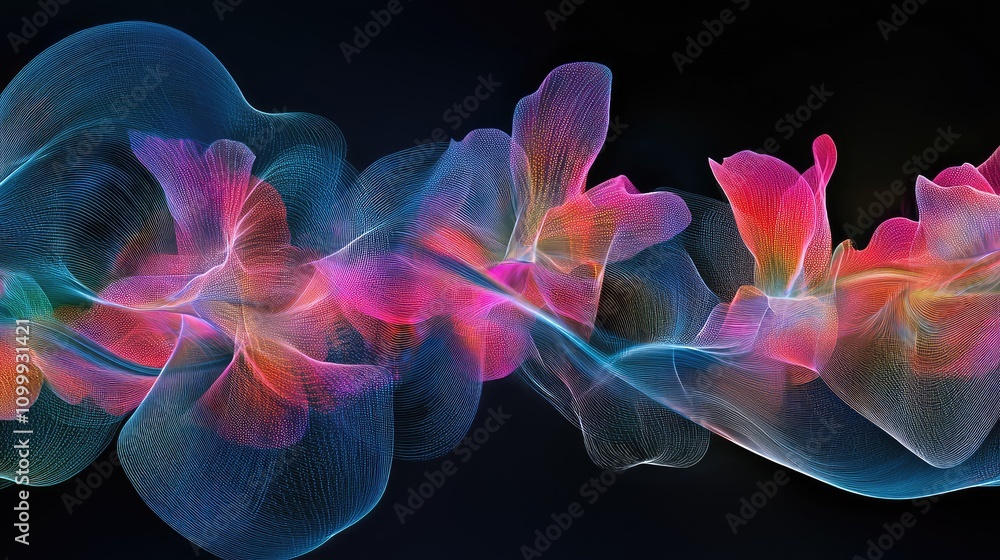Poster abstract composition of vibrant data lines forming a digital wave, blending electric blues and pinks