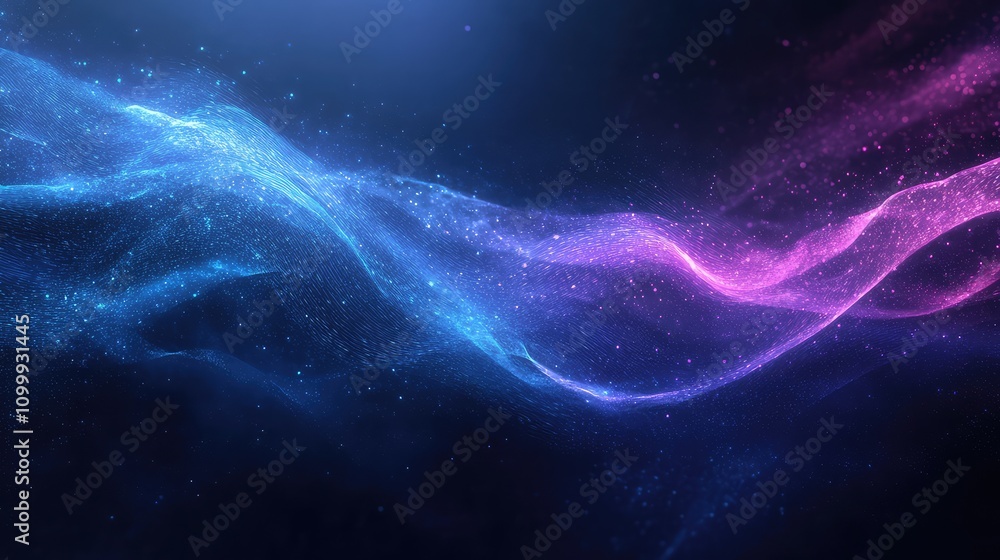 Poster abstract cyber waveforms in gradient blues and purples, forming a layered, futuristic data flow effe