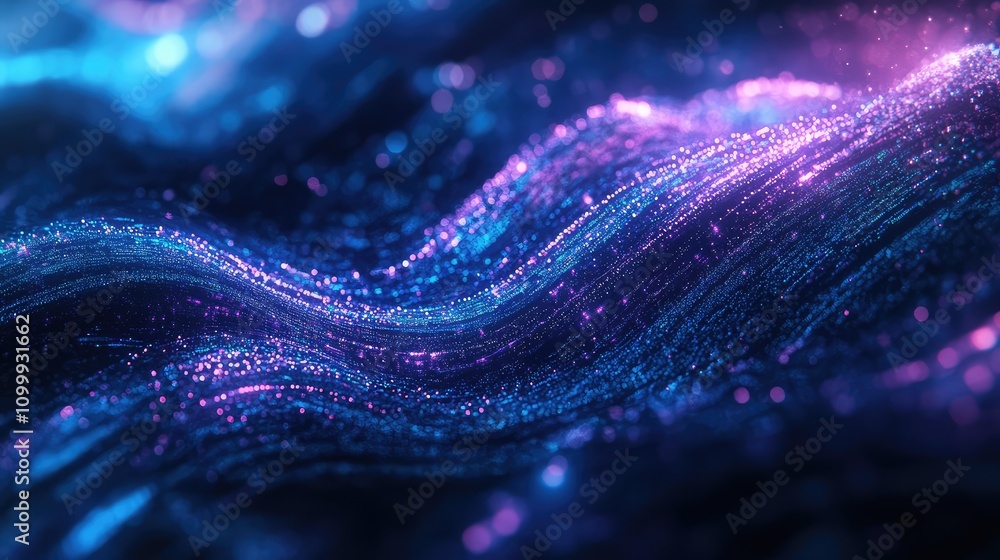 Poster abstract cyber waveforms in gradient blues and purples, forming a layered, futuristic data flow effe