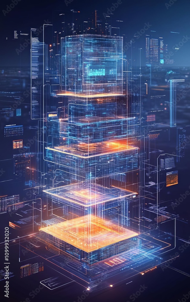 Poster futuristic digital architecture with layered structures glowing in an advanced cityscape, representi