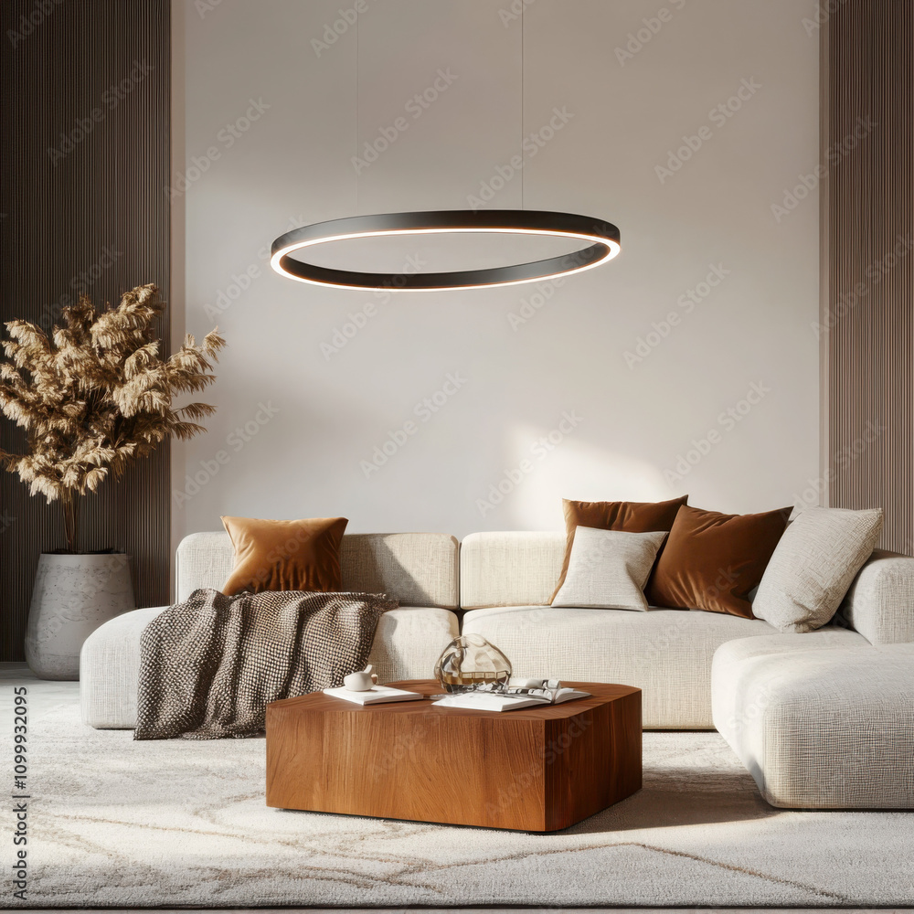Poster create a modern lounge atmosphere with an oval light fixture and textured throw showcasing geometric