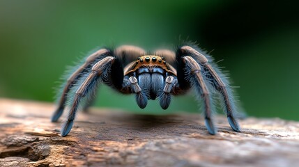 A tarantula crawling on a log, textured hair and sharp fangs visible