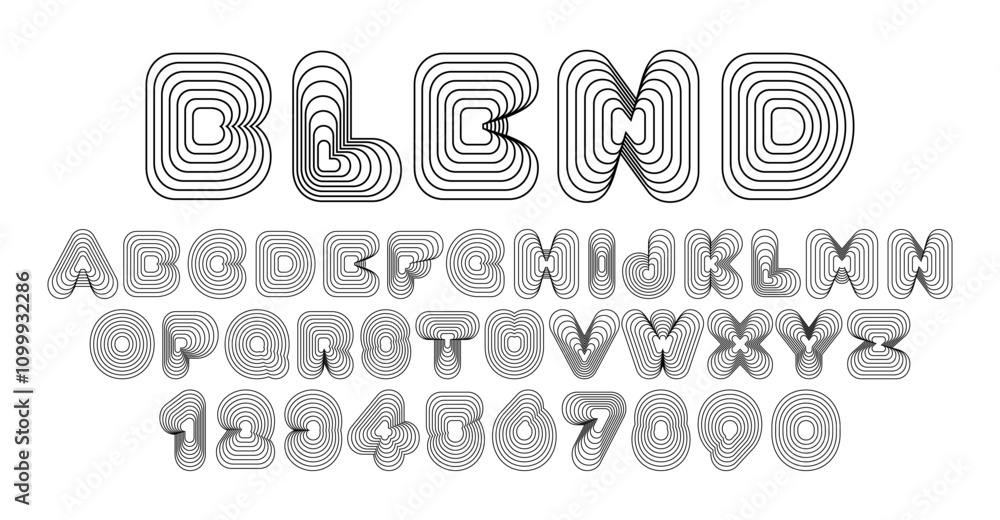 Wall mural creative outline font design featuring unique blended lines forming bold letters and numbers on whit