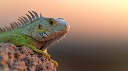 Fototapeta premium A vibrant green iguana sunbathing on a rocky ledge