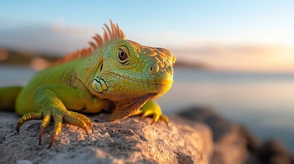 Fototapeta premium A vibrant green iguana sunbathing on a rocky ledge