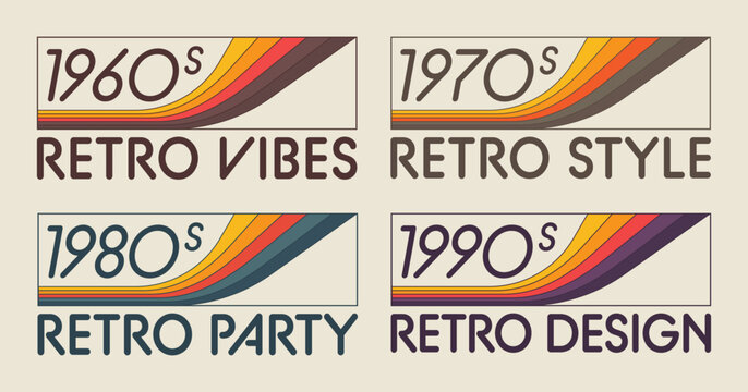 Collection of vintage retro label inspired by 1960s to 1990s aesthetics. Design features colourful wavy elements and bold typography. Can be use for posters, branding and printing