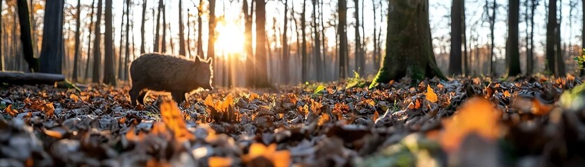 Obraz premium A wild boar rooting around a forest floor in autumn