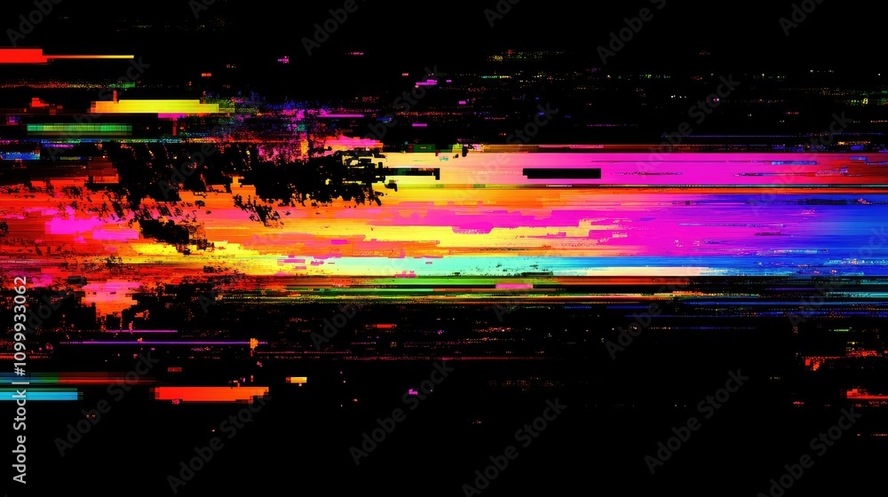 Poster abstract data glitch art with vibrant neon streaks, chaotic patterns, and distorted pixels on a blac