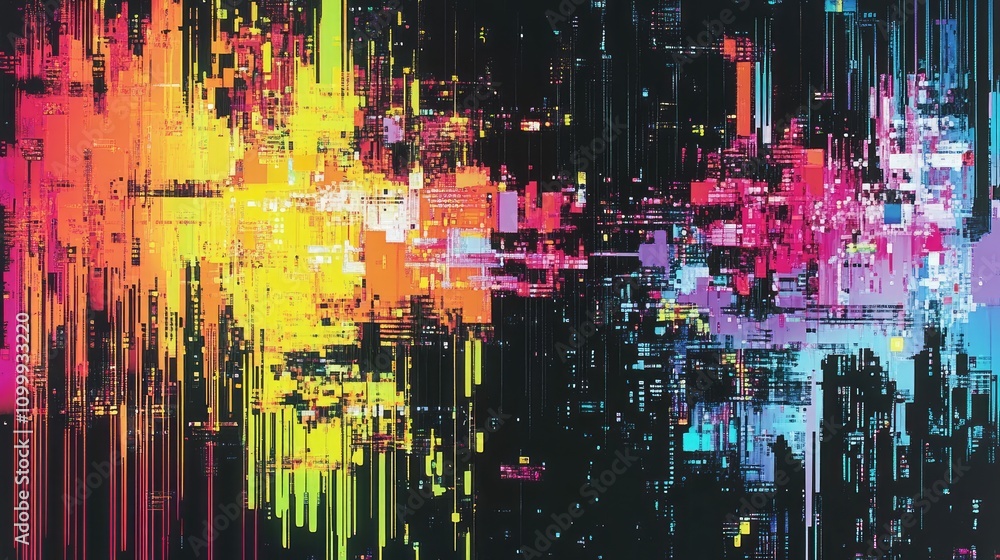 Poster abstract data glitch art with vibrant neon streaks, chaotic patterns, and distorted pixels on a blac