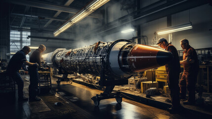 Naklejka premium Rocket being built at modern aerospace factory, engineers work in assembly shop of military plant. Concept of industry, technology, manufacturing, missile, machinery.