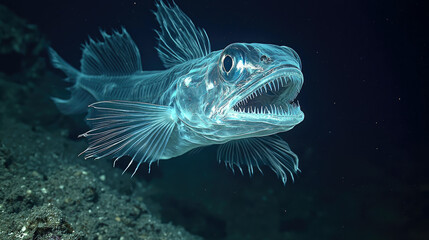 Obraz premium Deep sea fish swims underwater, strange glowing animal with teeth in ocean, concept of light, nature, wildlife