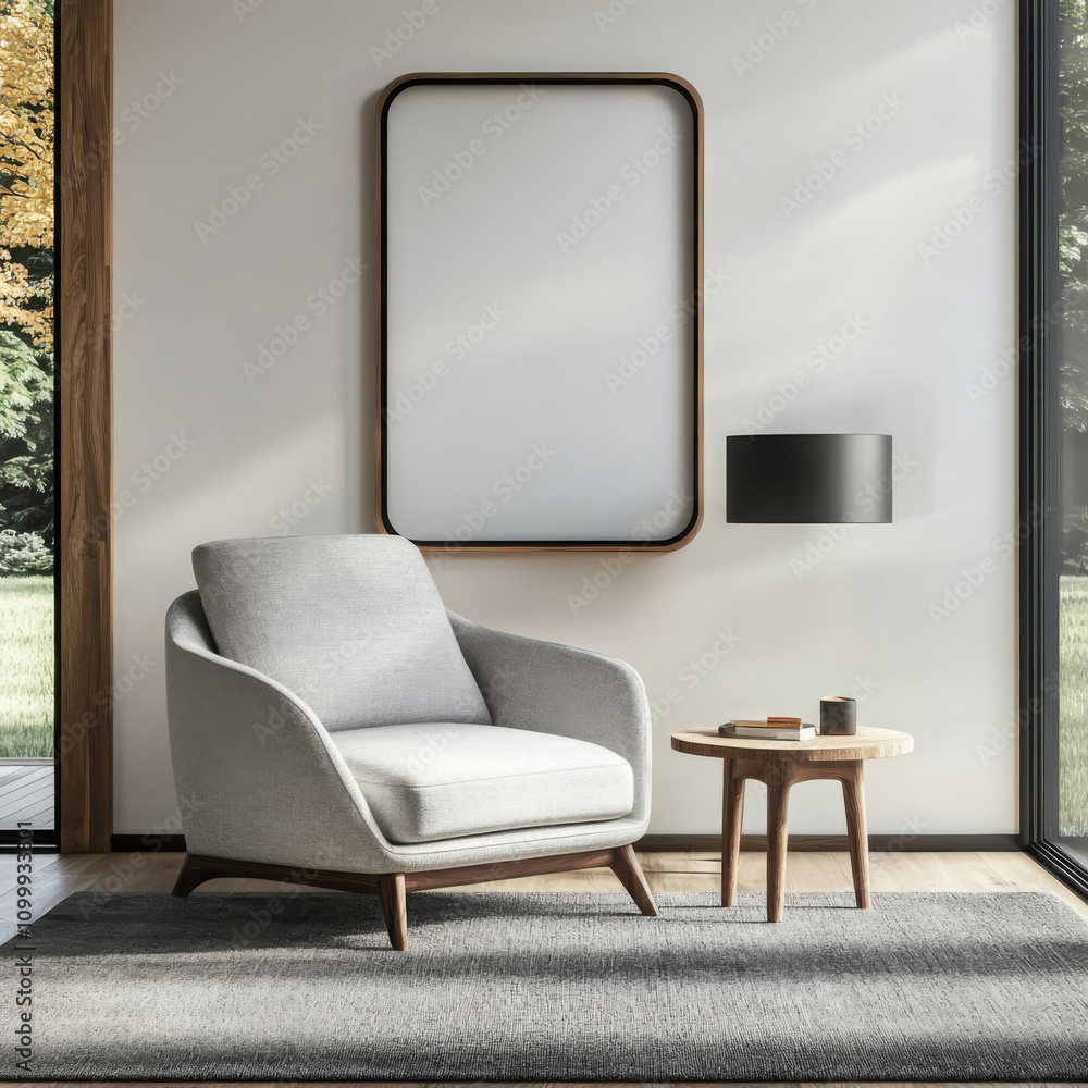Poster creating a cozy reading nook a minimalist corner chair with side tables and modern lamp in soft dayl