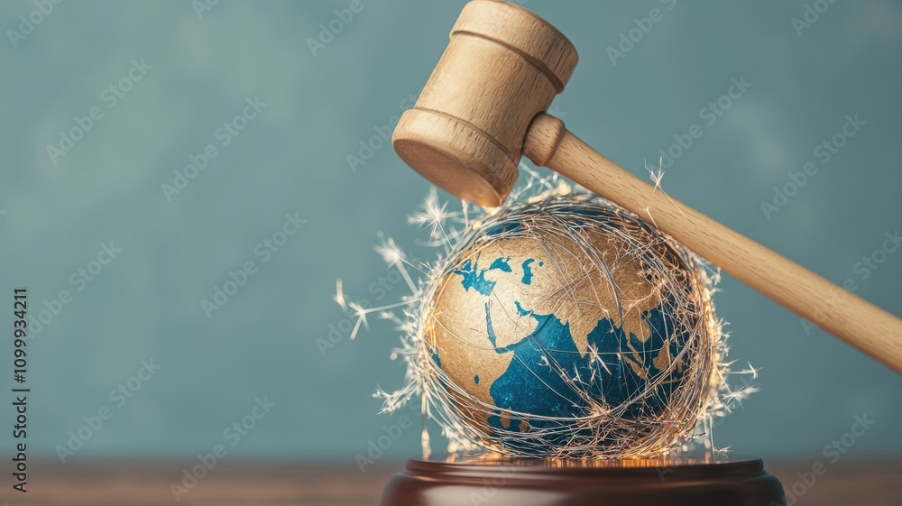 Poster law restriction control concept. a gavel hovers above a globe, symbolizing the intersection of law a