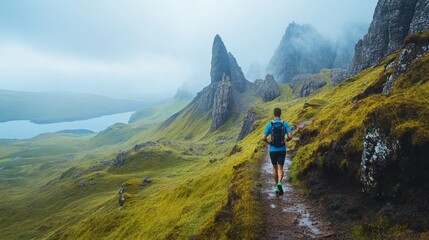 Fototapeta premium Lone Runner Ascending Misty Highland Trail
