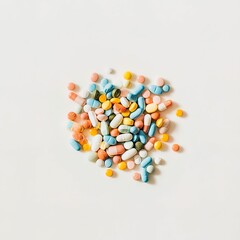 A small pile of colorful pills in white background