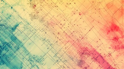 Naklejka premium Abstract data overlay with soft neon hues over a delicate vintage map texture, creating a tech-inspired design