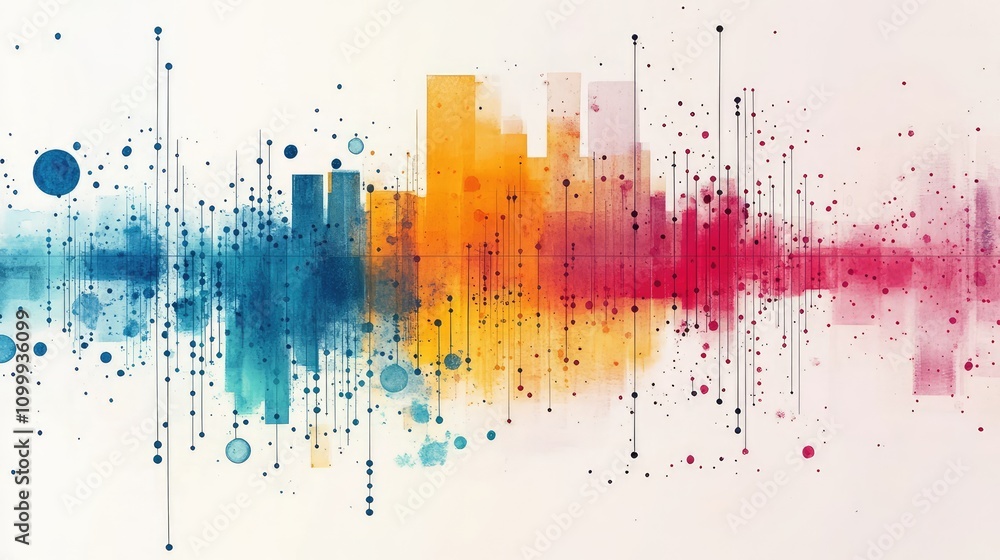 Poster abstract data points merged with soft watercolor washes and bold ink strokes in contrasting colors