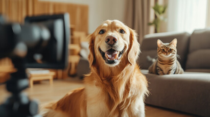 A joyful pet-focused content scene featuring a playful golden retriever and a cat being filmed by a content creator at home