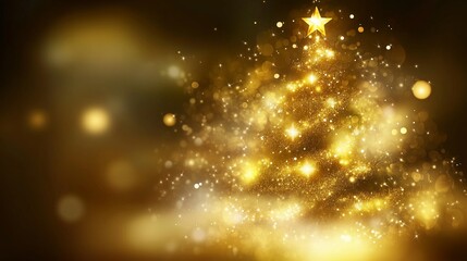 Obraz premium Golden Christmas tree with sparkling lights on blurred background. For the winter season and Christmas holiday decoration or celebration design elements. For card, invitation, banner, ad, cover.