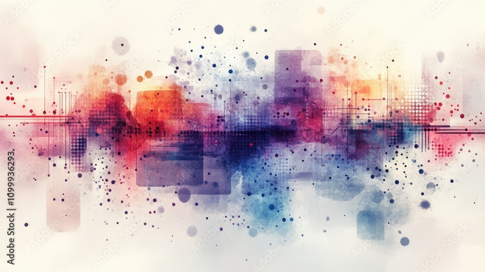 Poster abstract data points merged with soft watercolor washes and bold ink strokes in contrasting colors