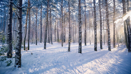 Fototapeta premium Winter Wonderland - Winter Wald . Morgenglühen - Morgendämmerung - Morgenröte - Winterwunderland