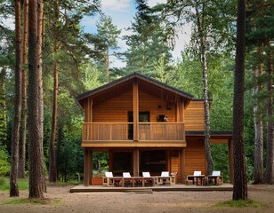 a wooden house hidden behind trees a recreation area in the forest