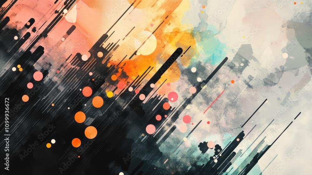 Poster abstract data points merged with soft watercolor washes and bold ink strokes in contrasting colors