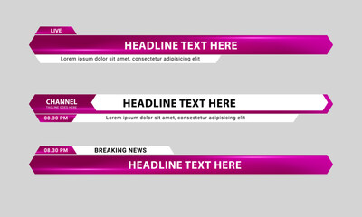 Lower third banner design. Set of lower third bar template for breaking news, sports channel, streaming video. Vector illustration